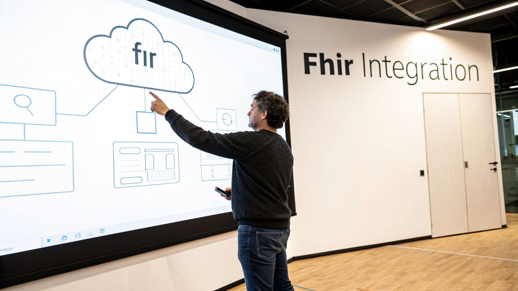 Man presenting a technical diagram with "fhir" cloud on a large screen in a modern office.