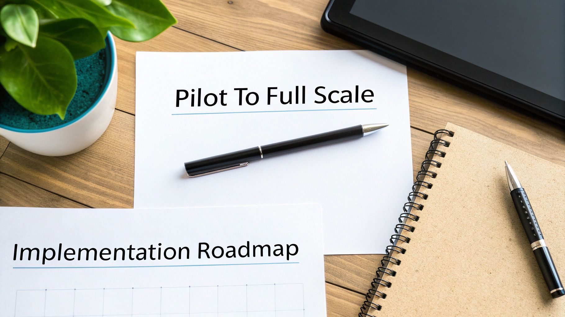 Desk setup with papers titled 'Pilot To Full Scale' and 'Implementation Roadmap', indicating project planning.