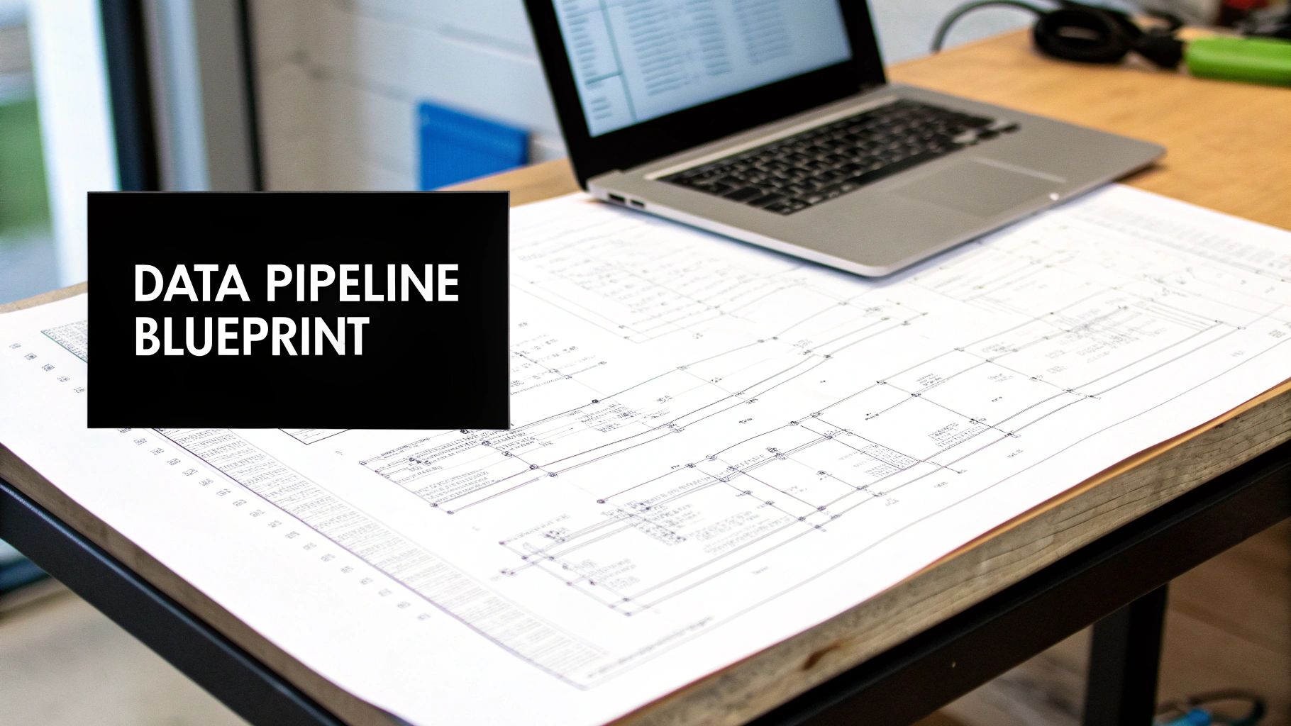 A 'Data Pipeline Blueprint' document on a desk next to a laptop, illustrating a technical diagram.
