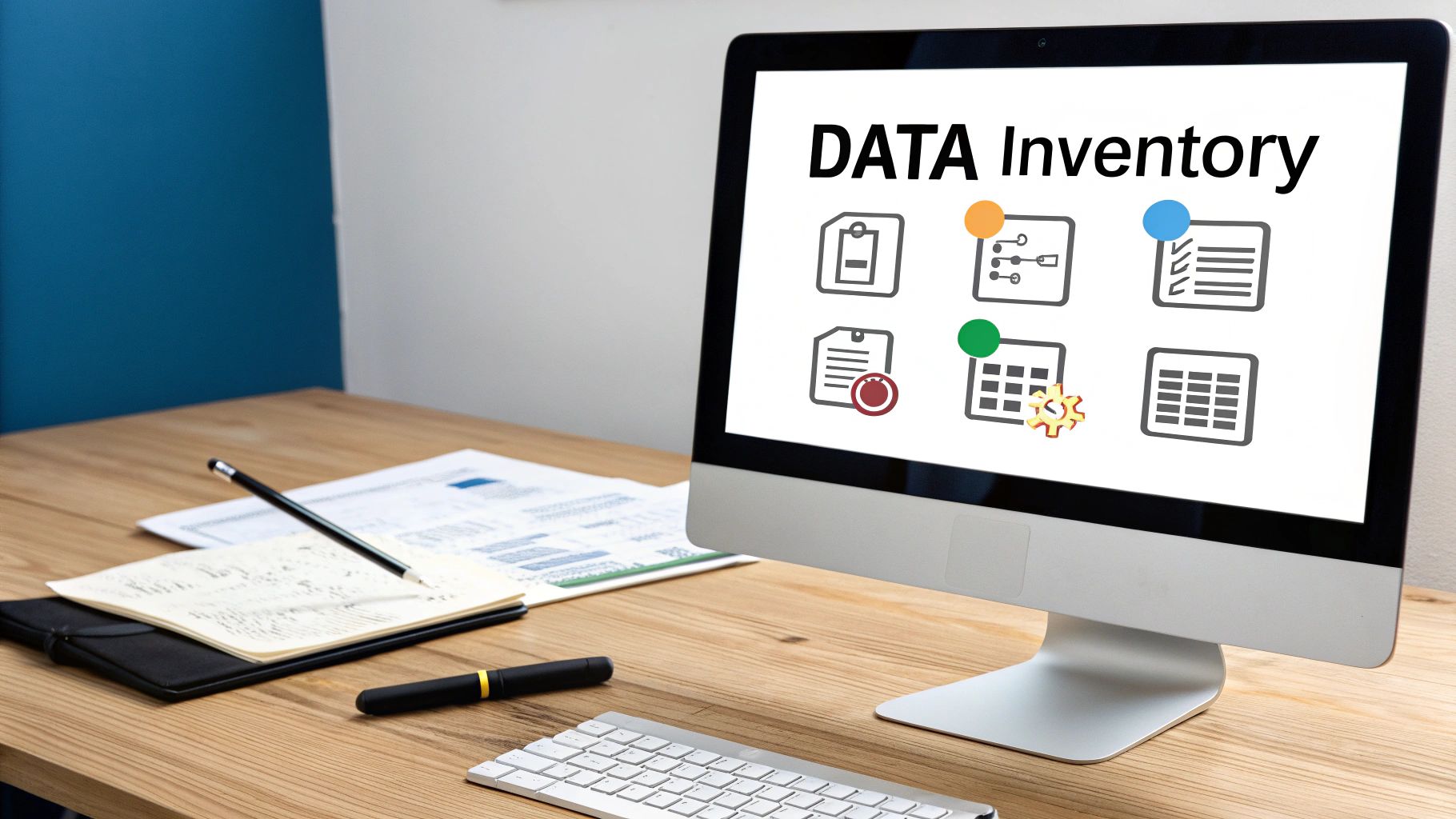 A computer monitor displays 'DATA Inventory' with icons on a desk with papers, a notebook, and keyboard.