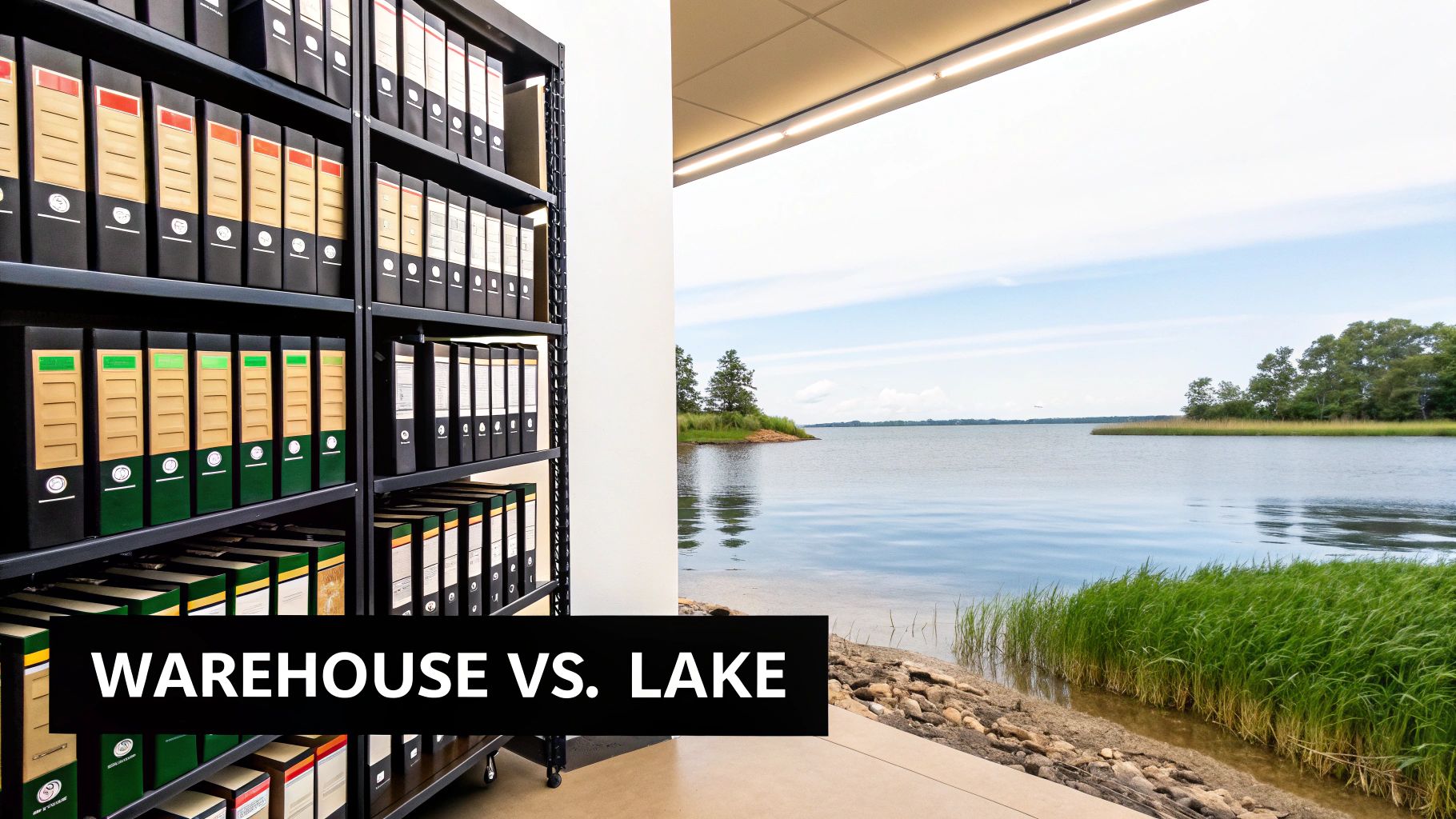 Image comparing a warehouse full of binders on shelves with a peaceful lake landscape under a blue sky.