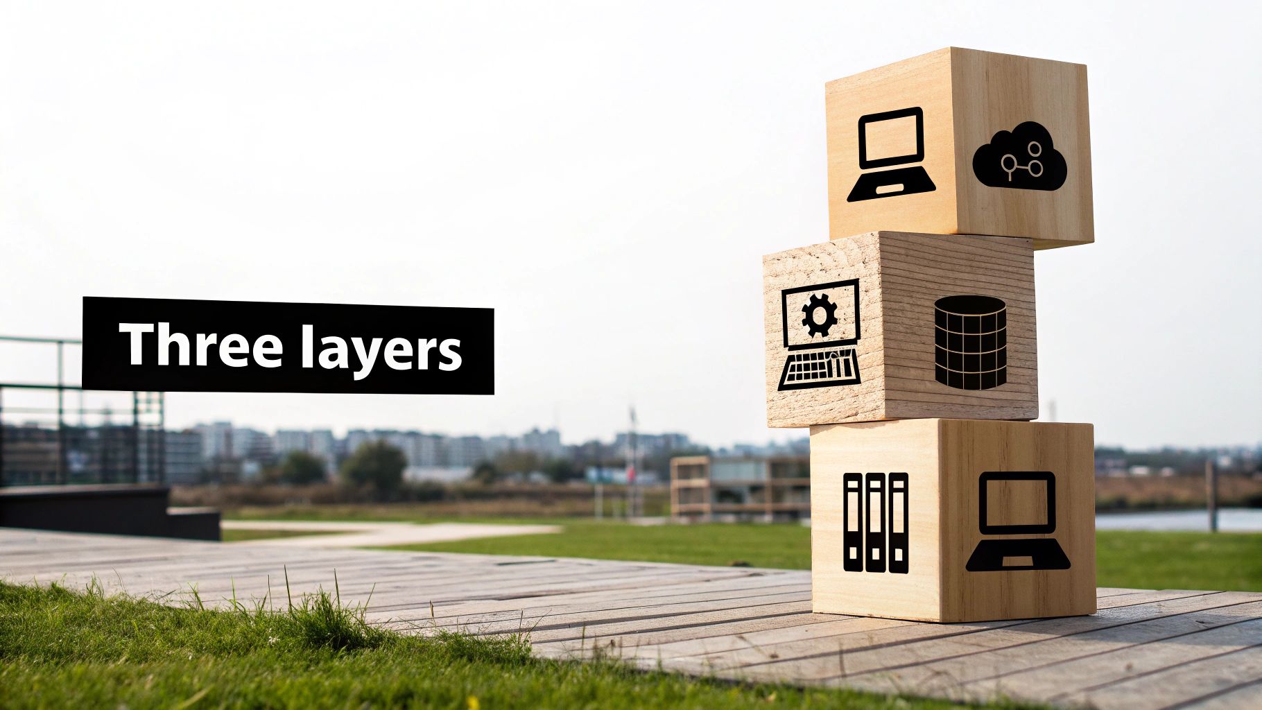 Three stacked wooden blocks displaying icons for computing, cloud, and data storage layers.