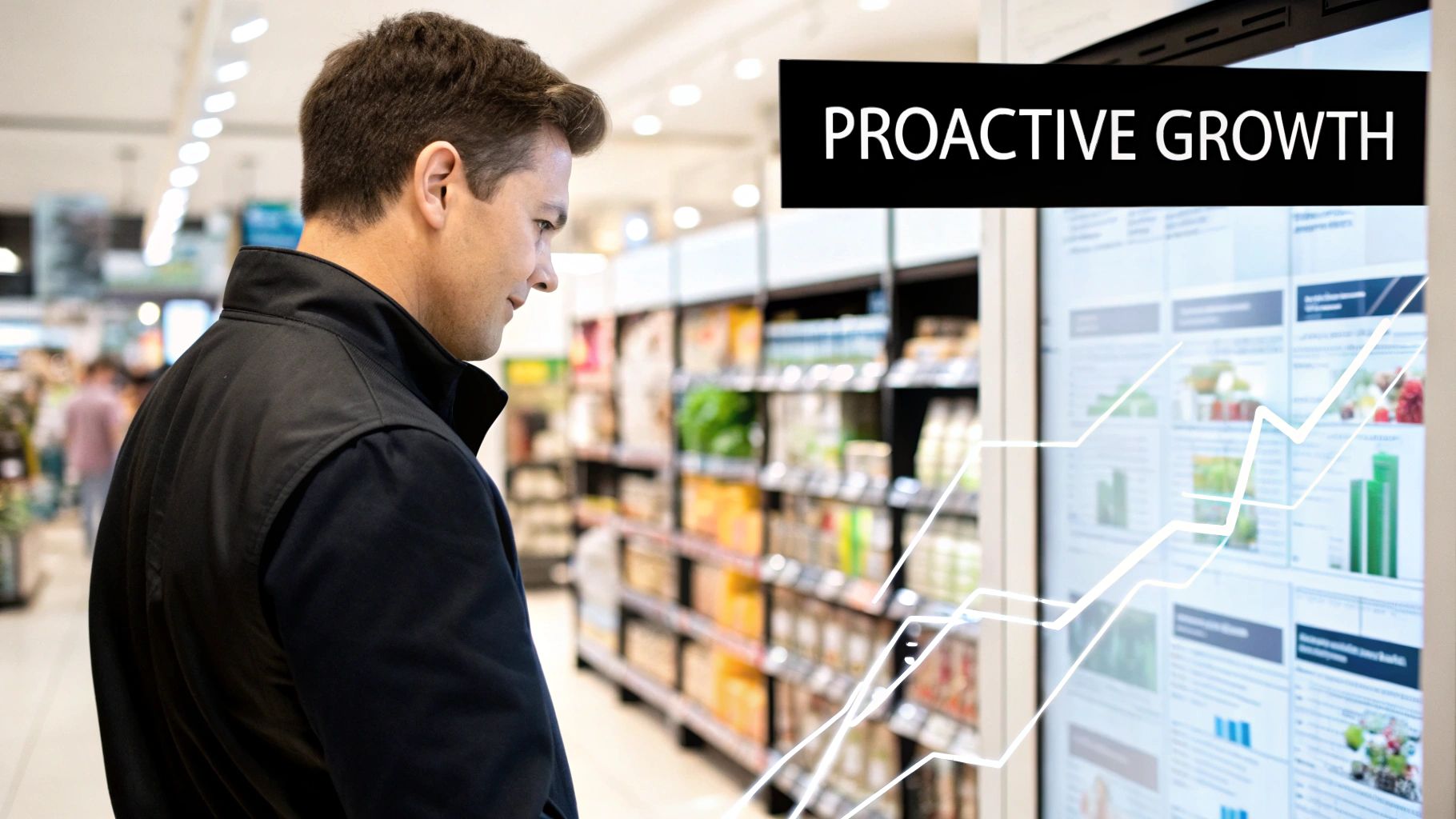 A retail manager analyzing data charts on a screen, representing predictive analytics in retail.