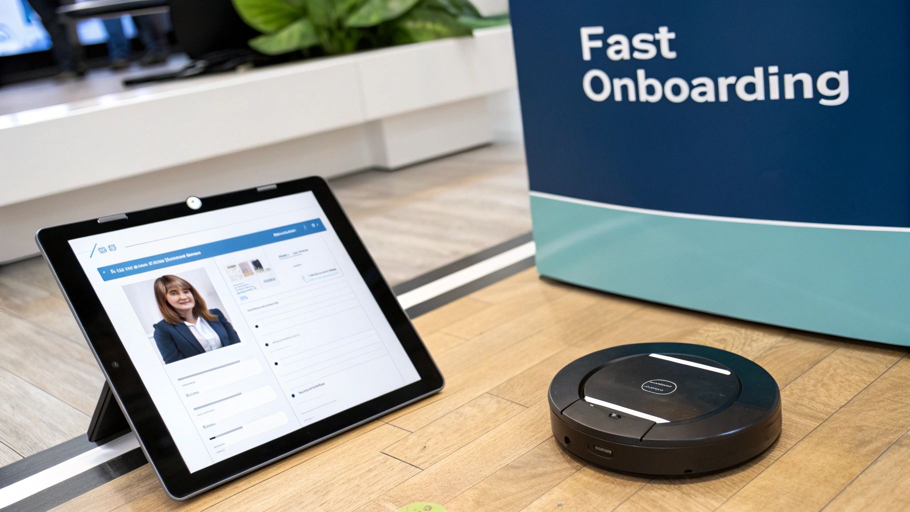 Tablet displaying a professional profile, a robot vacuum, and 'Fast Onboarding' sign on a wooden floor.