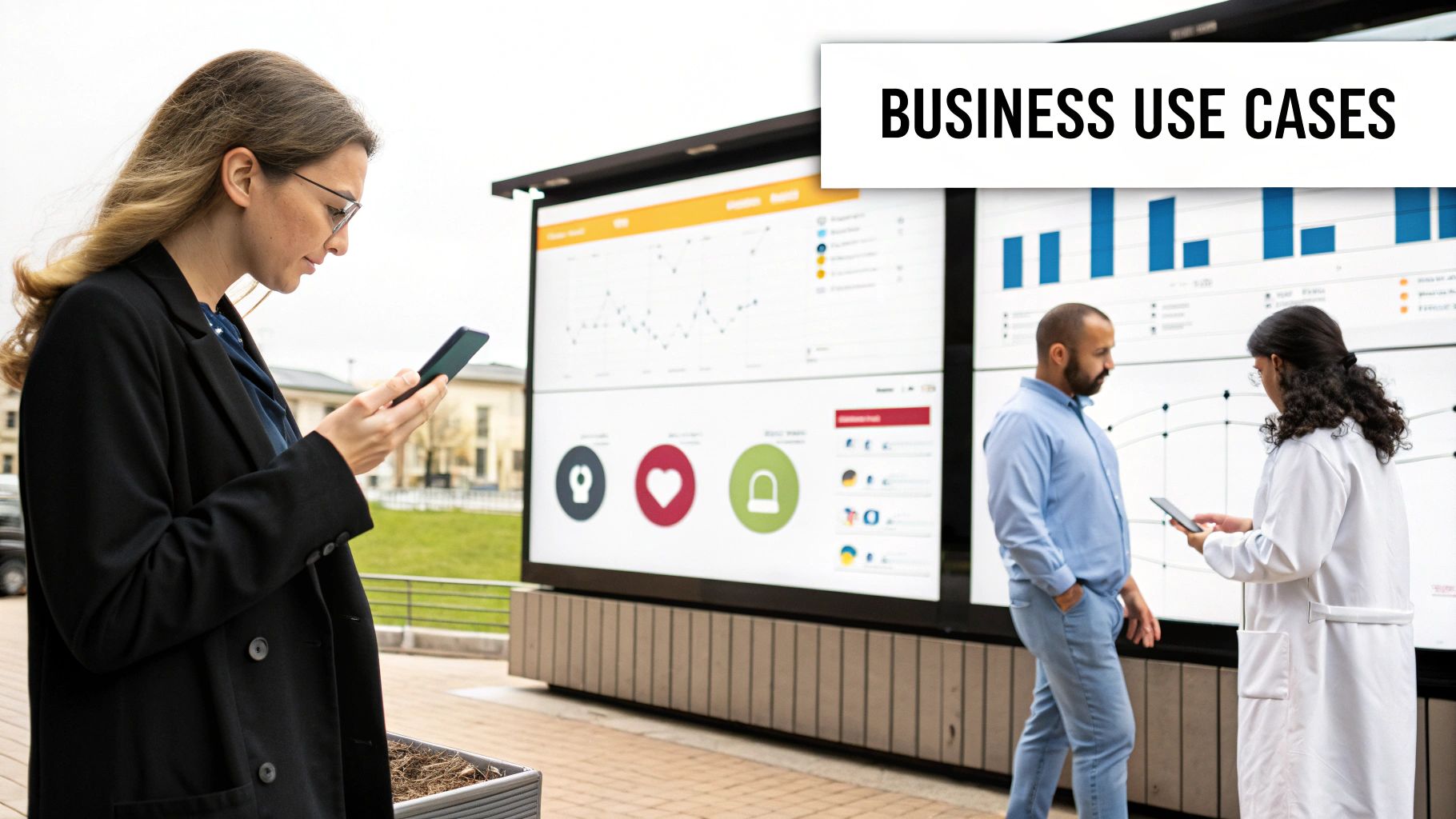 People in different professional settings—finance, healthcare, retail—interacting with data visualizations on transparent screens.