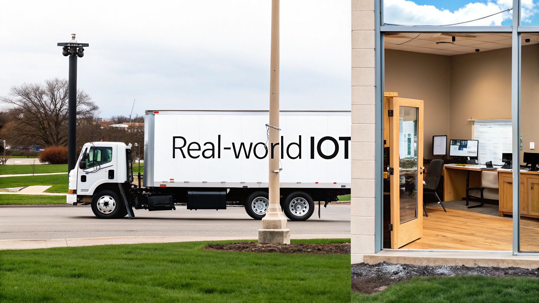 A white truck displaying "Real-world IOT" drives on a road near a modern office entrance.