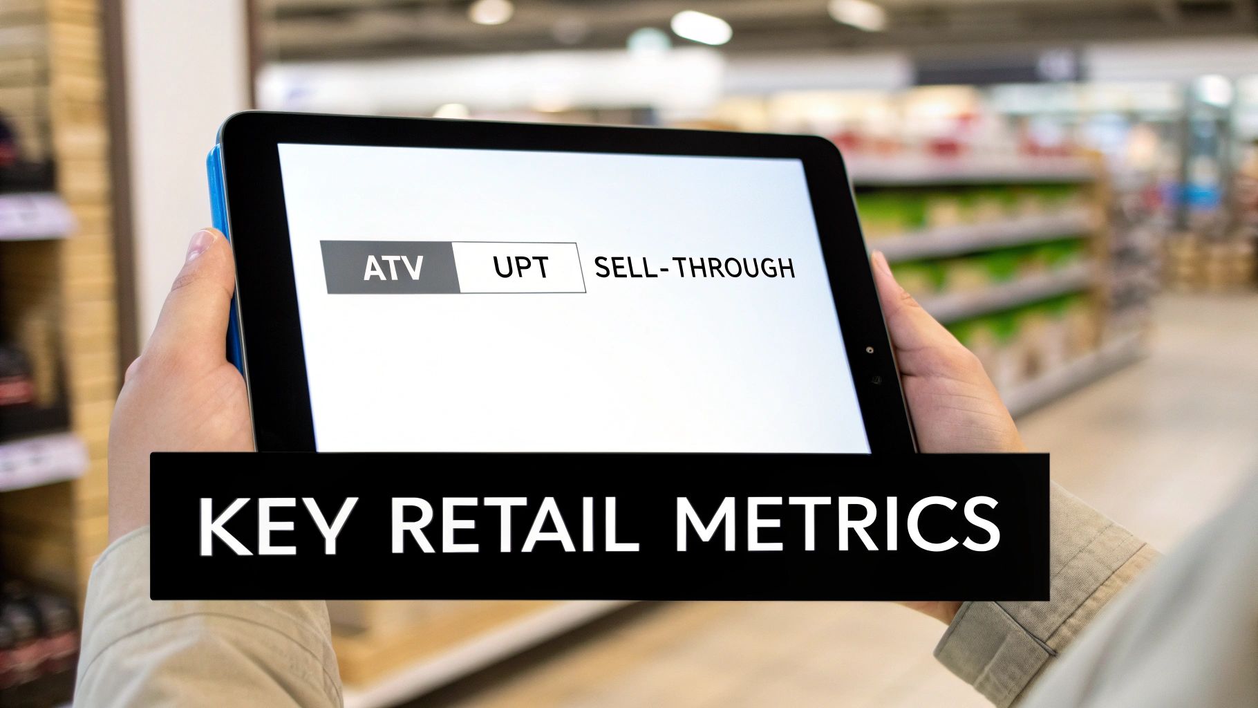 Hands hold a tablet displaying retail metrics like ATV, UPT, Sell-Through, with 'KEY RETAIL METRICS' text.