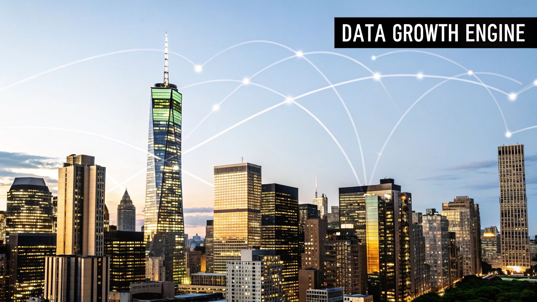 A vibrant cityscape at dusk with tall buildings, glowing data lines, and 'DATA GROWTH ENGINE' text.