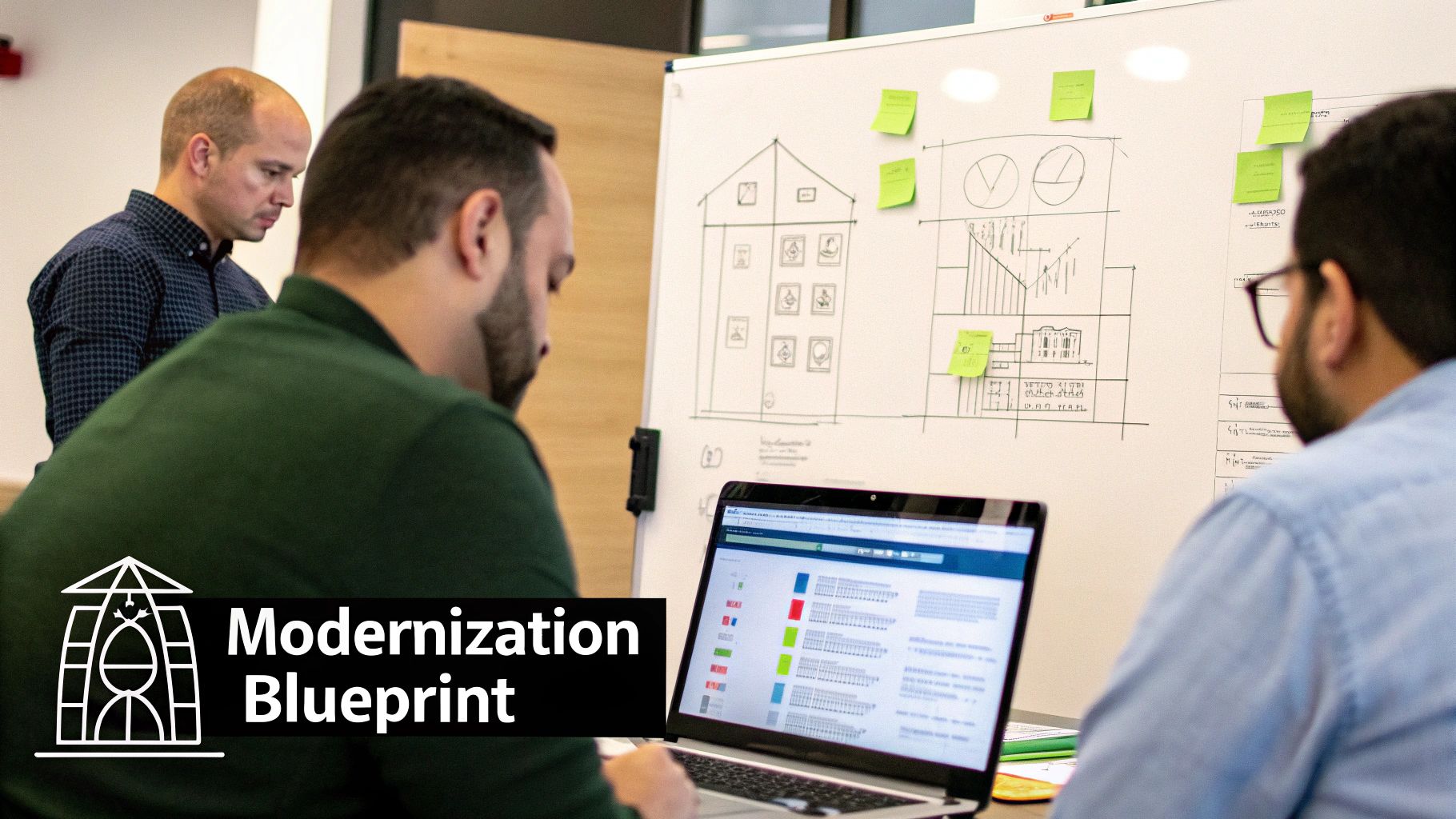 Three professionals collaborate on a modernization blueprint, analyzing diagrams on a whiteboard and data on a laptop.