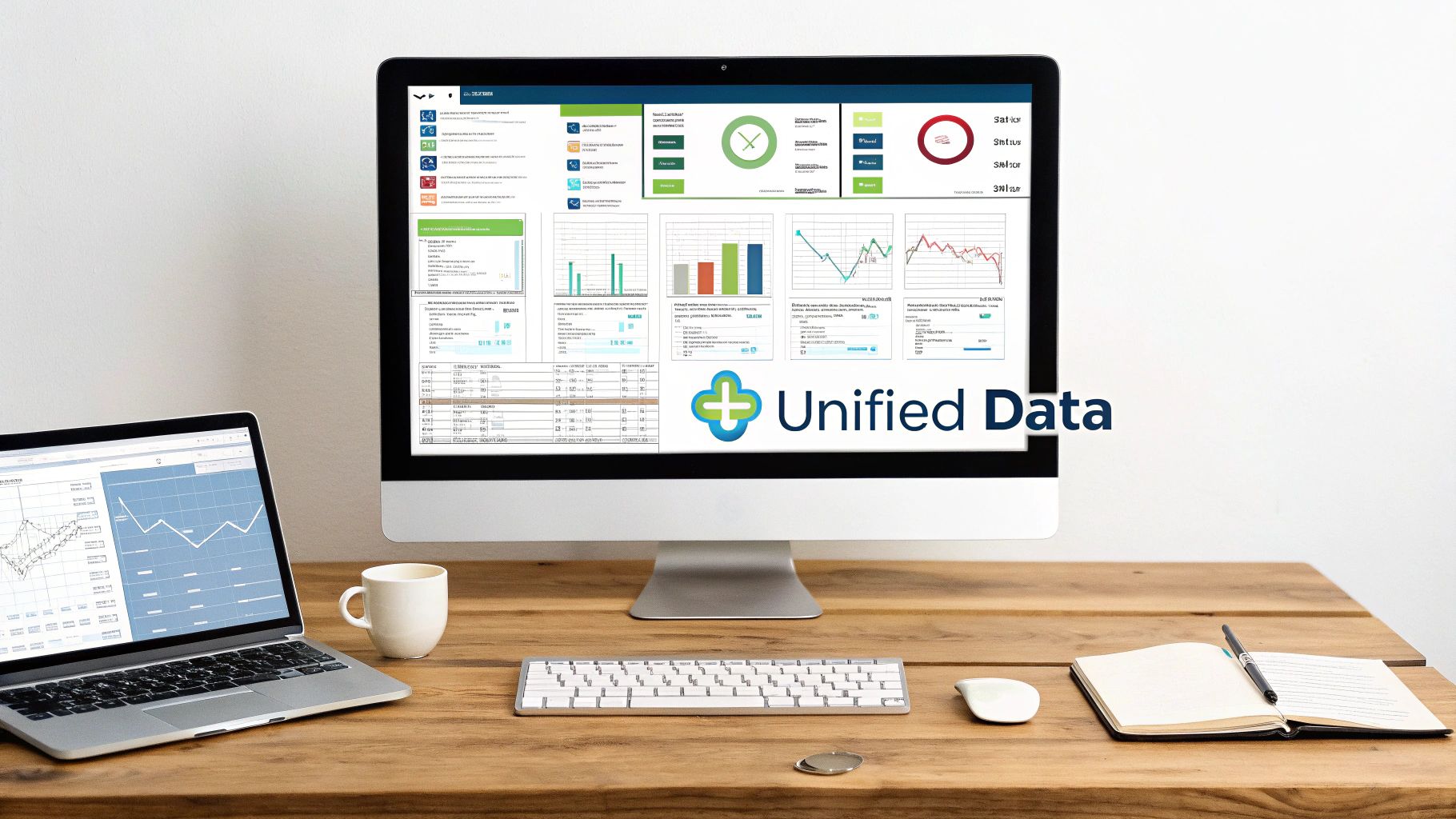 A professional desk setup featuring a monitor showing a 'Unified Data' dashboard and a laptop, symbolizing data management.