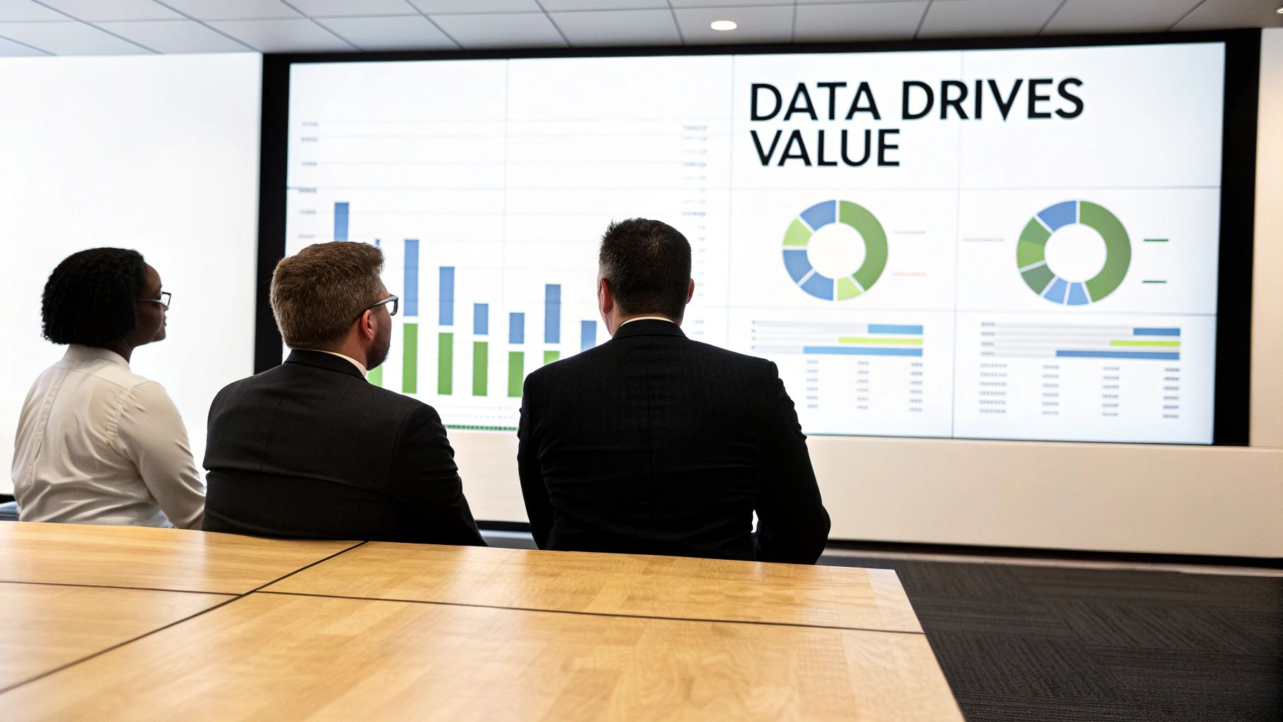 Three business professionals watch a large screen displaying data analytics charts and graphs in a meeting room.
