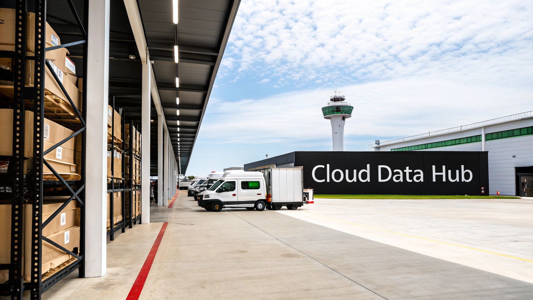 Outdoor logistics hub with racks of boxes, delivery vans, a 'Cloud Data Hub' building, and an airport tower.