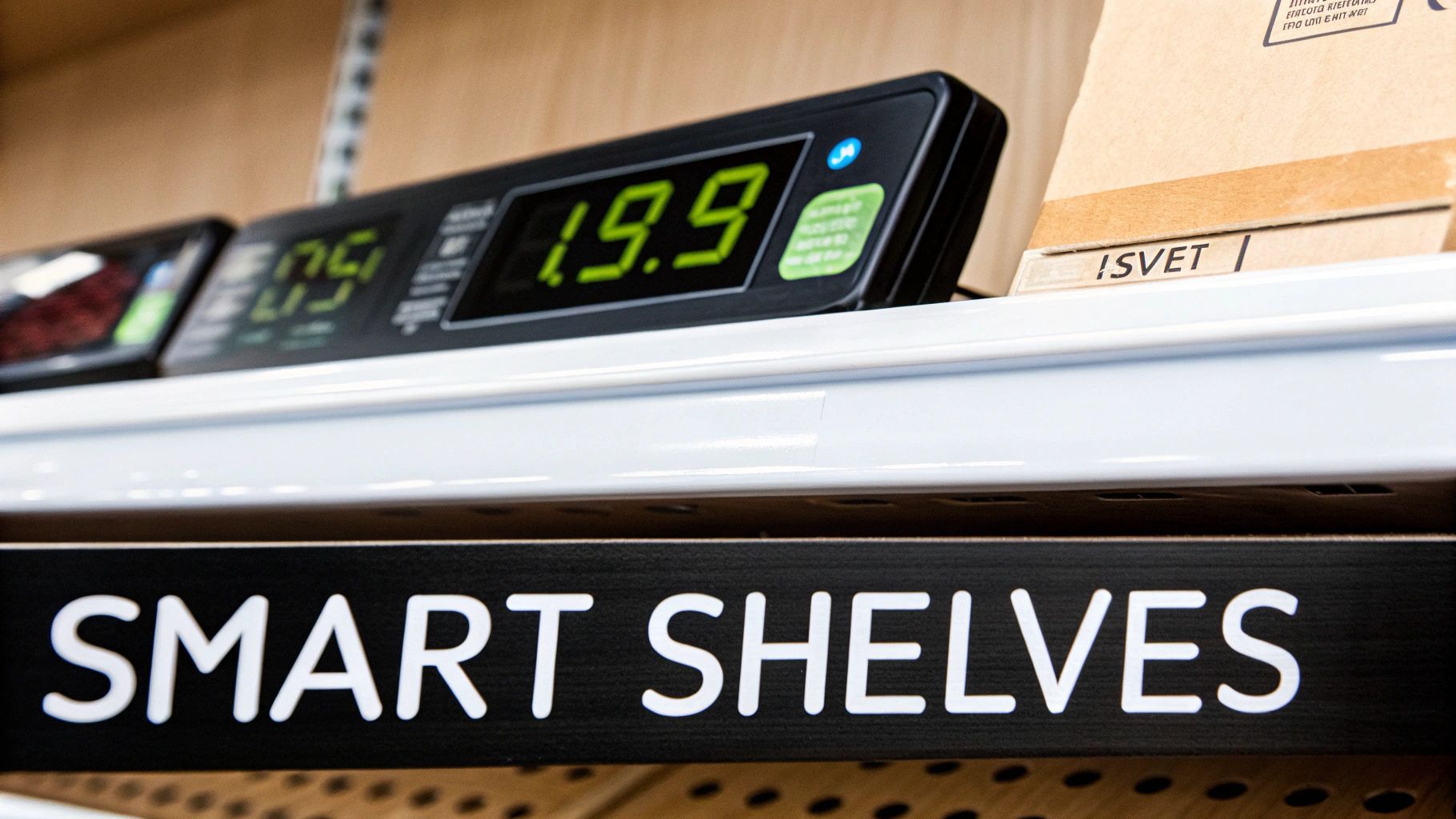 A shopper in a modern retail store interacting with a smart shelf displaying product information on a digital screen.