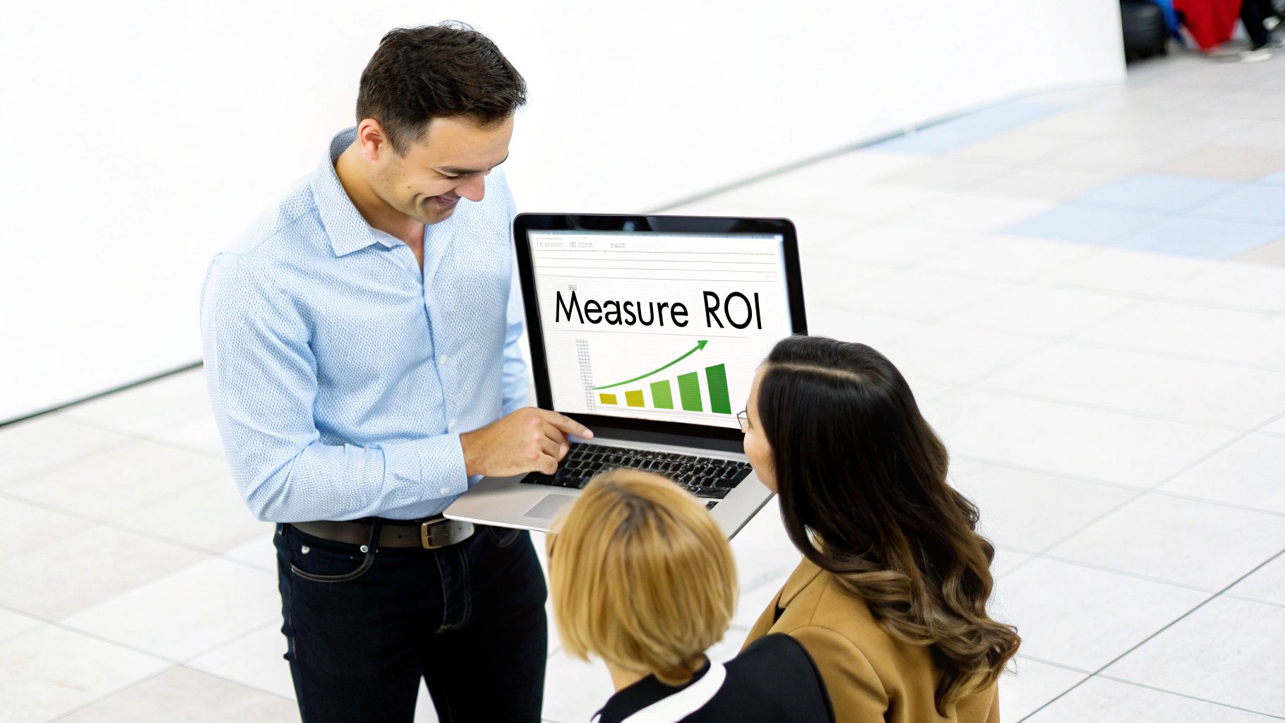 Smiling man points to a laptop screen displaying a 'Measure ROI' chart to two colleagues.