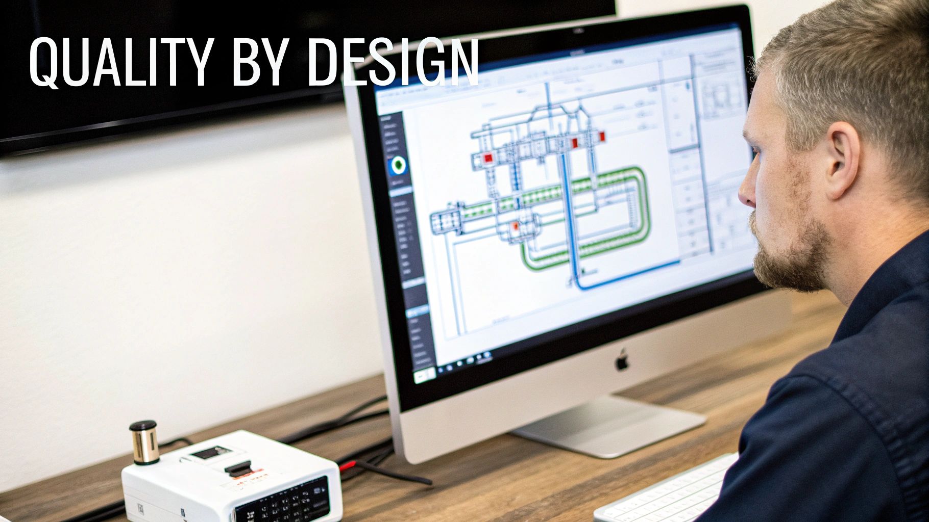 A man intently looking at a computer screen displaying an engineering design, with 'QUALITY BY DESIGN' overlay.