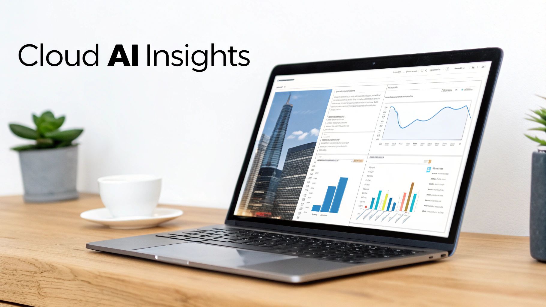 A laptop on a wooden desk shows 'Cloud AI Insights' dashboard with various data charts and graphs.