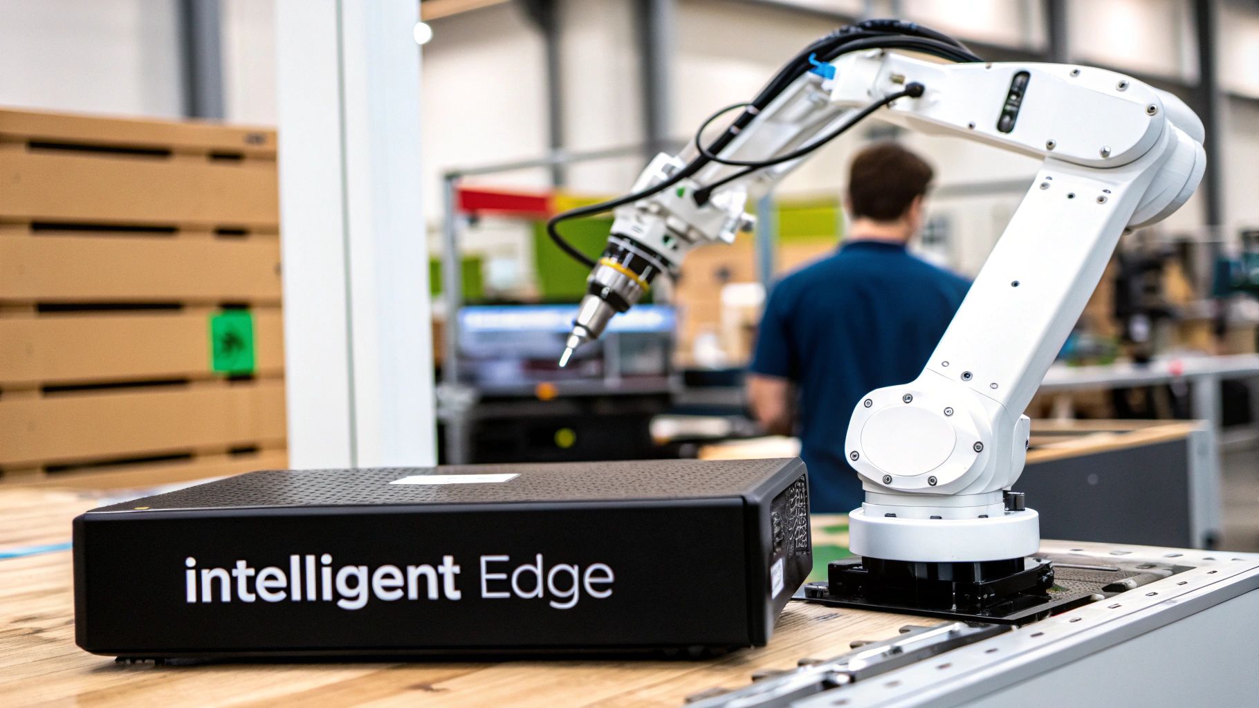 An Intelligent Edge device next to a white robotic arm in a modern industrial setting.