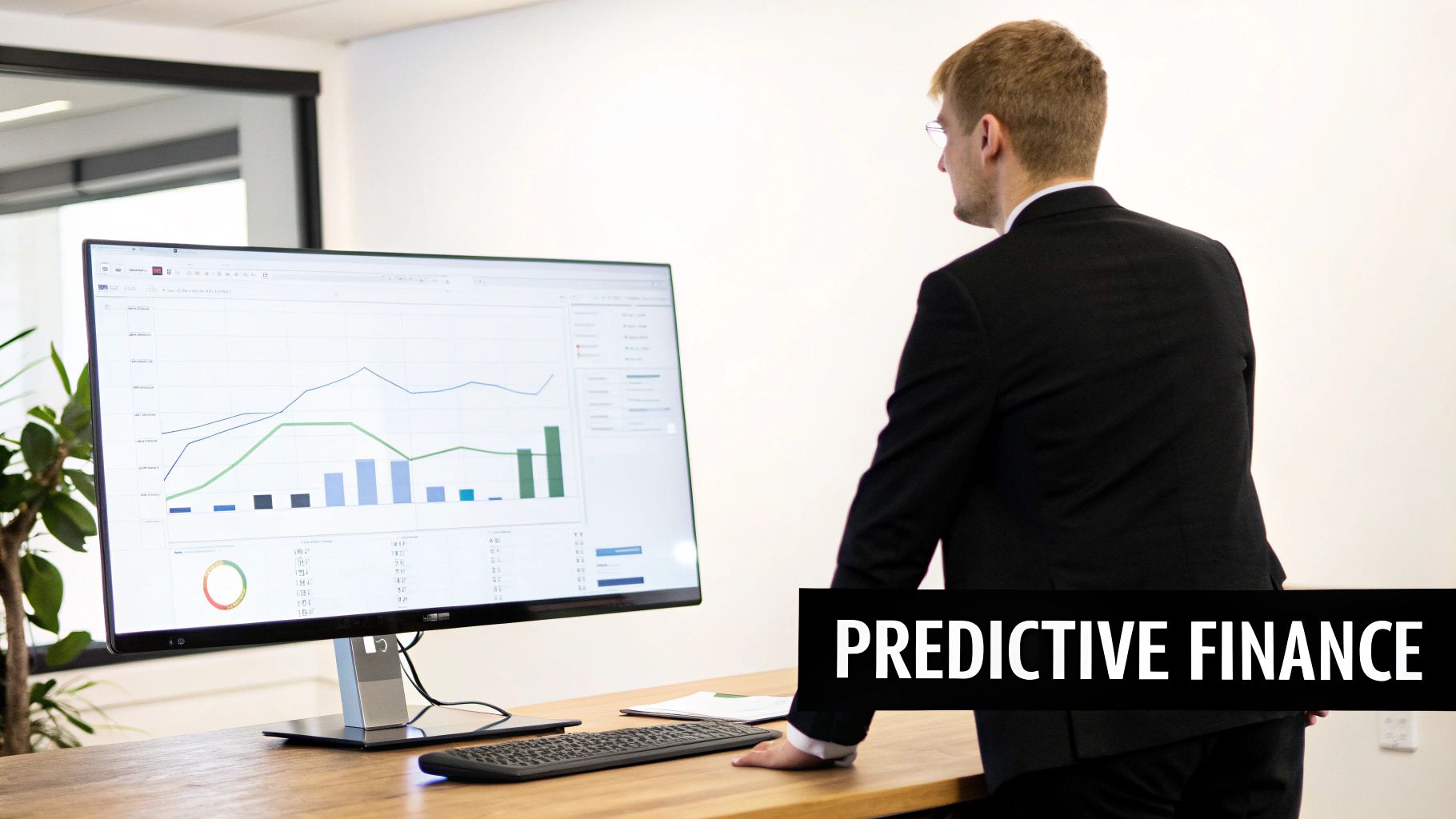 A man in a suit views financial charts and graphs on a large monitor for predictive finance.