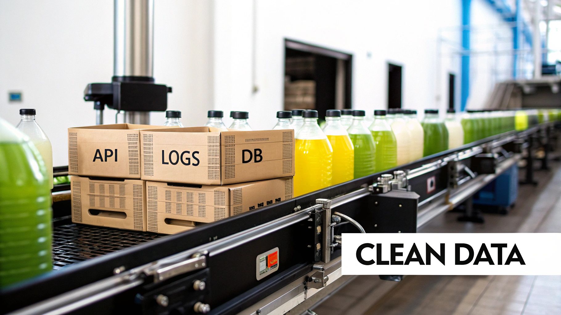 A factory conveyor belt processes colorful bottles, alongside boxes labeled API, LOGS, DB, and the text 'CLEAN DATA'.