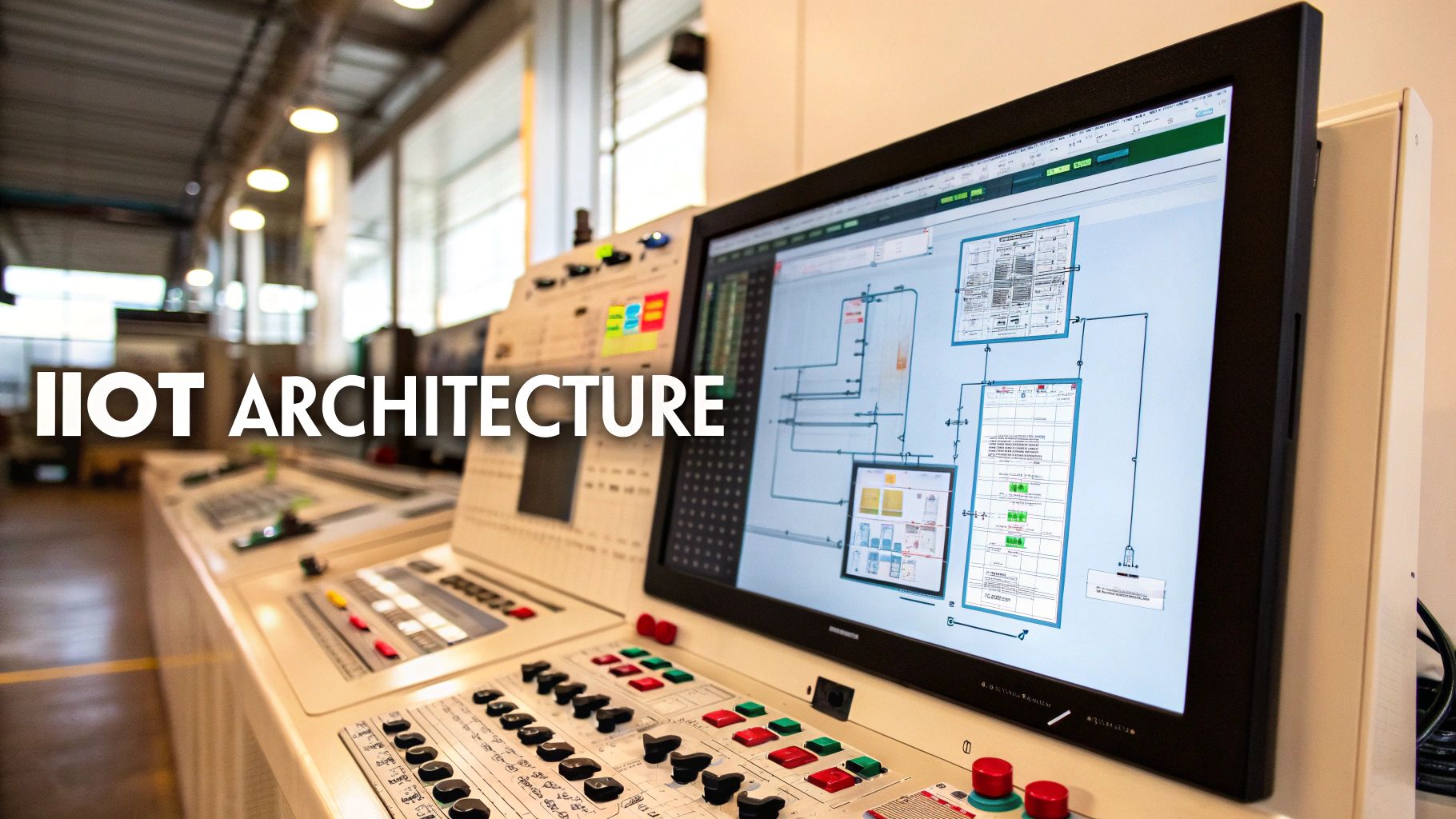 Industrial control room with a large screen displaying an IIoT architecture diagram and control panel.