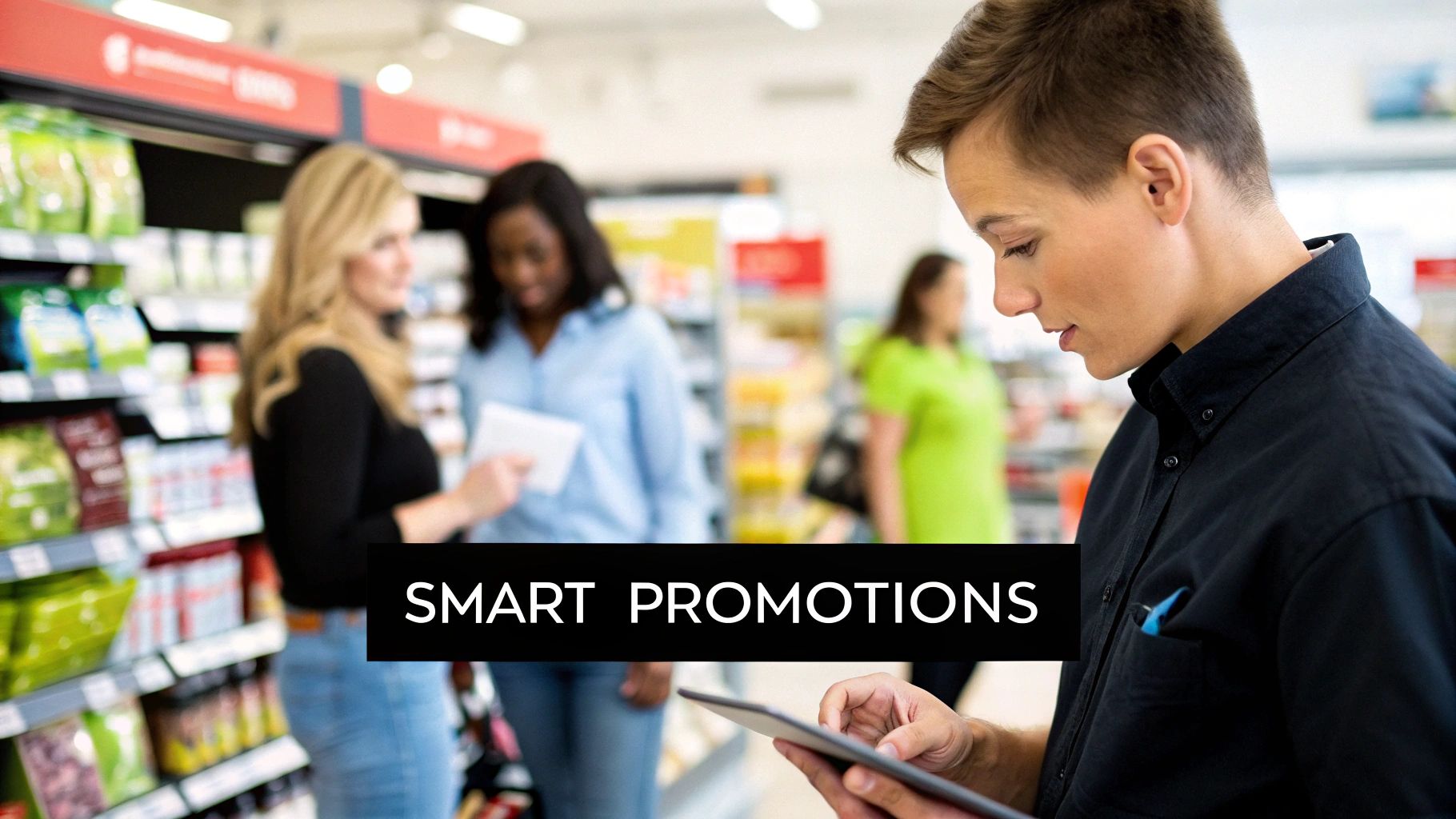 A store employee uses a tablet to manage smart promotions in a busy retail environment.