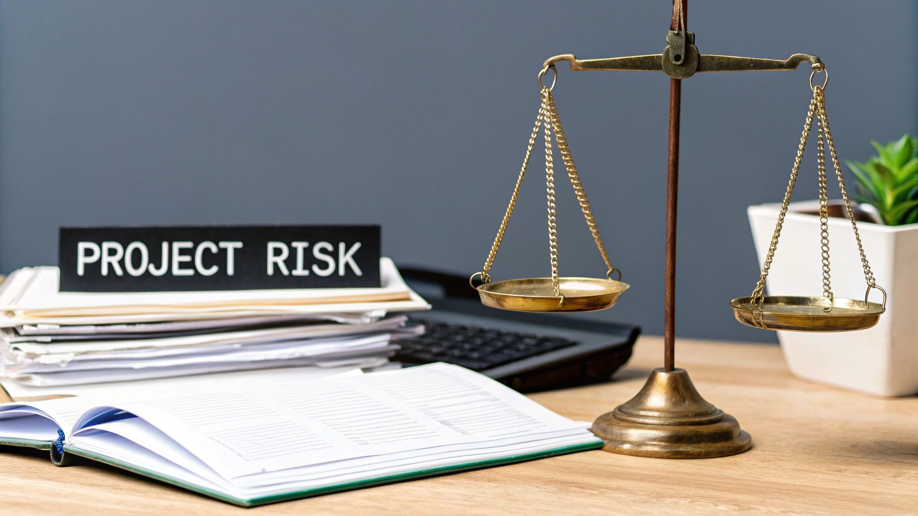 A desk setup featuring a 'PROJECT RISK' sign, documents, an open book, and a brass balance scale.