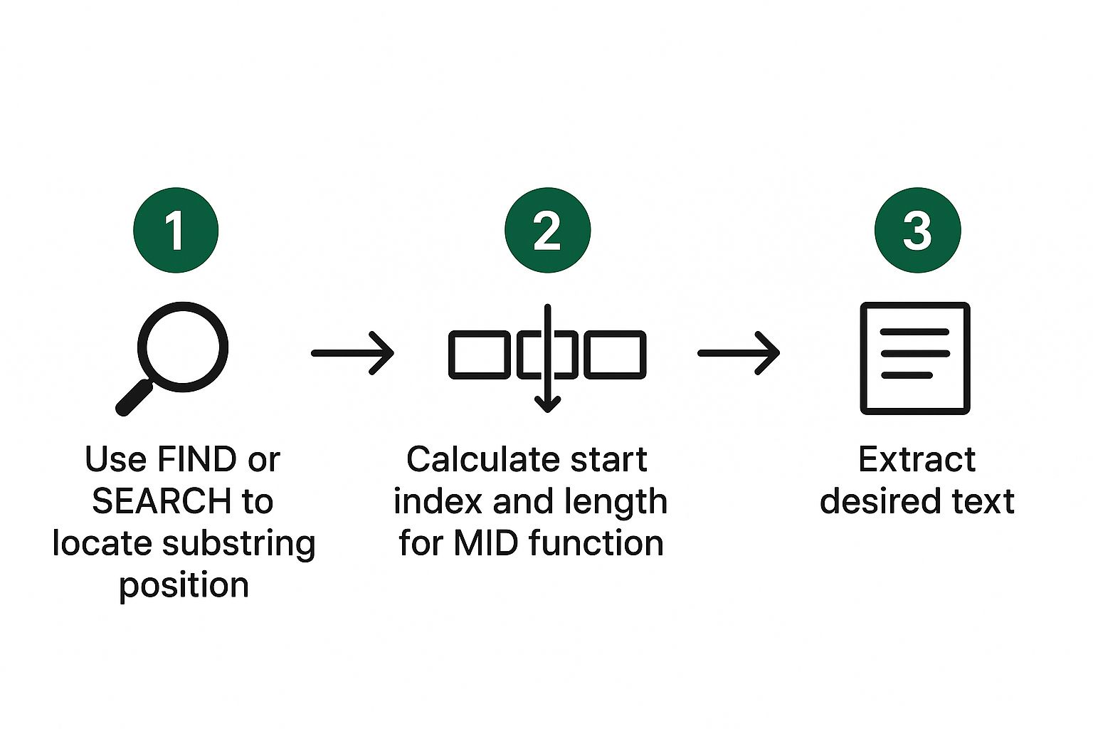 Infographic showing a three-step process: using FIND to locate a character, calculating the start and length for MID, and then extracting the text.