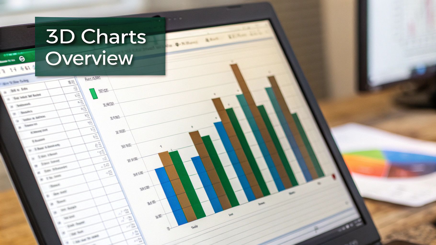 An example of a 3D chart in Excel showing different colored columns on a grid.