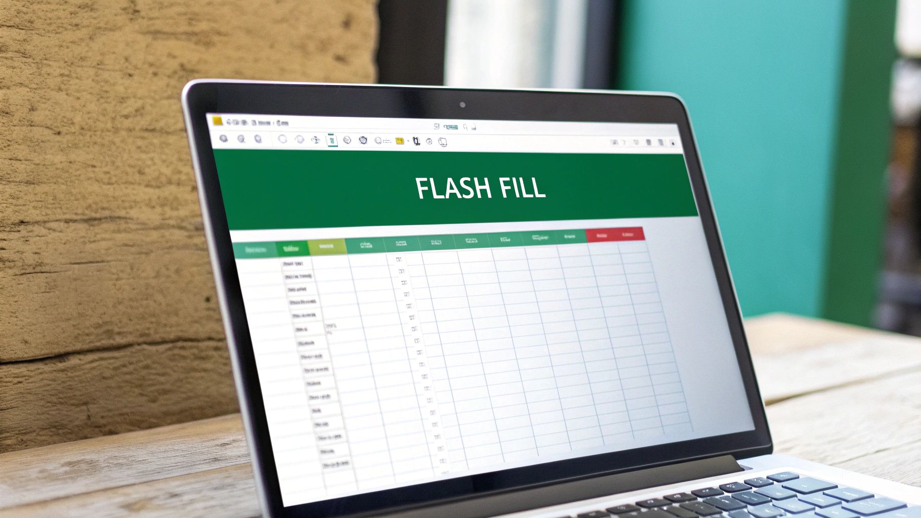 An Excel spreadsheet showing Flash Fill automatically extracting text from a list of names and email addresses.