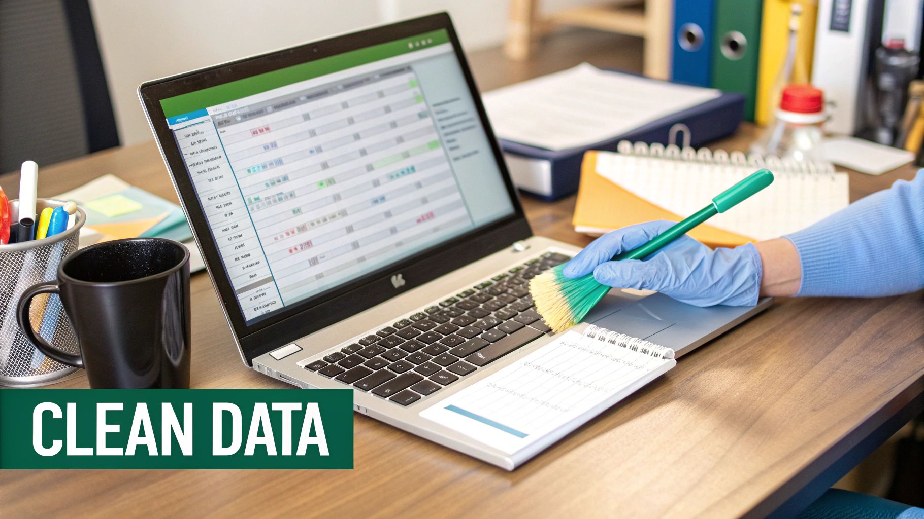 A person pointing at an Excel spreadsheet on a computer screen, illustrating data analysis.