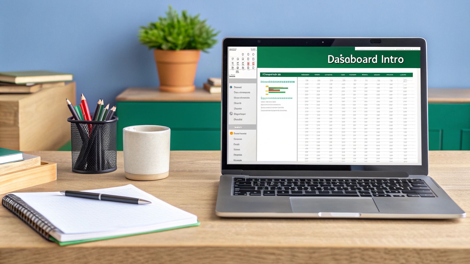 A polished and professional-looking interactive dashboard in Excel showcasing various charts and KPIs.