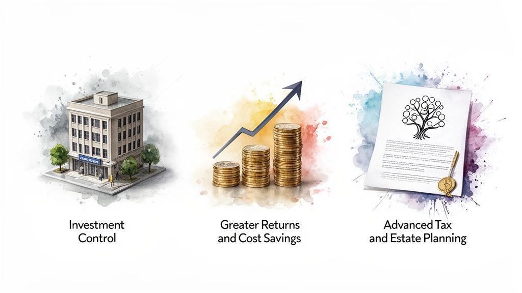 Three illustrations: a building representing investment control, coins with an arrow for greater returns, and a document for estate planning.