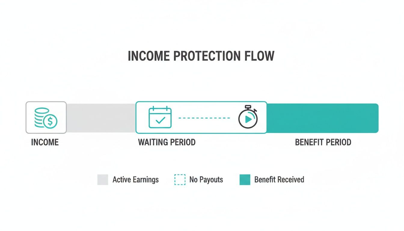 An income protection flow diagram illustrating active earnings, waiting period (no payouts), and benefit received.