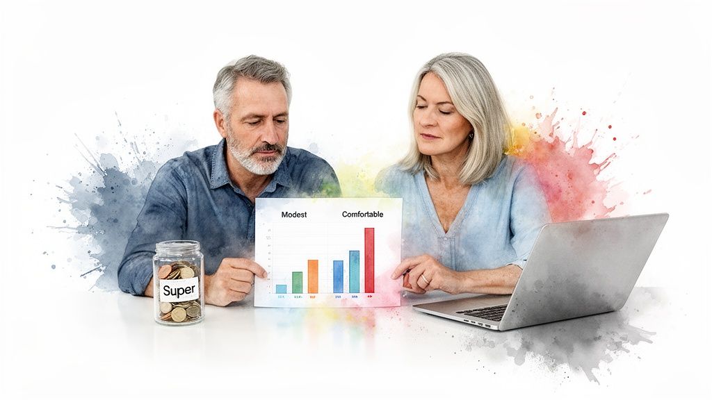 Mature couple analyzing a financial bar graph about 'Modest' vs. 'Comfortable' retirement, with a 'Super' savings jar and laptop.