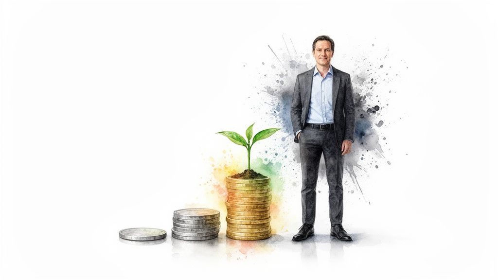 A man in a suit stands next to growing stacks of coins with a plant, symbolizing financial growth and investment.