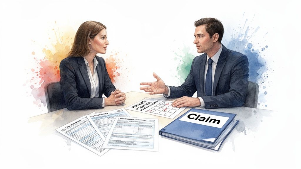 Two professionals discussing documents and a claim binder at a table with watercolor background.