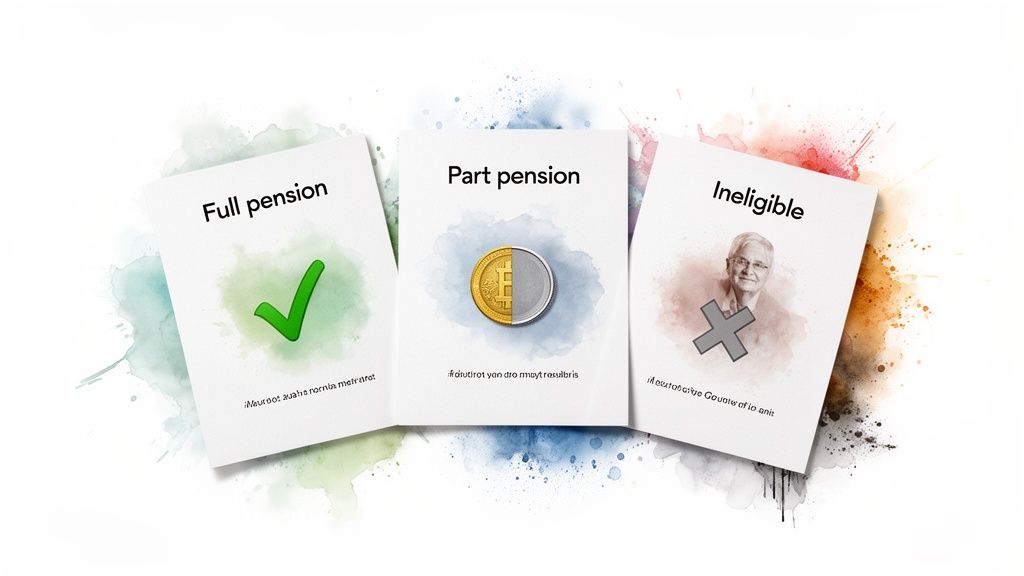 Three cards illustrating full, part, and ineligible pension statuses with symbols.