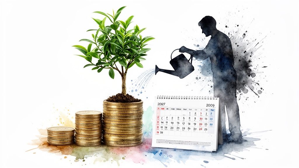 A silhouette waters a money tree growing from stacked coins, symbolizing long-term financial growth and investment.