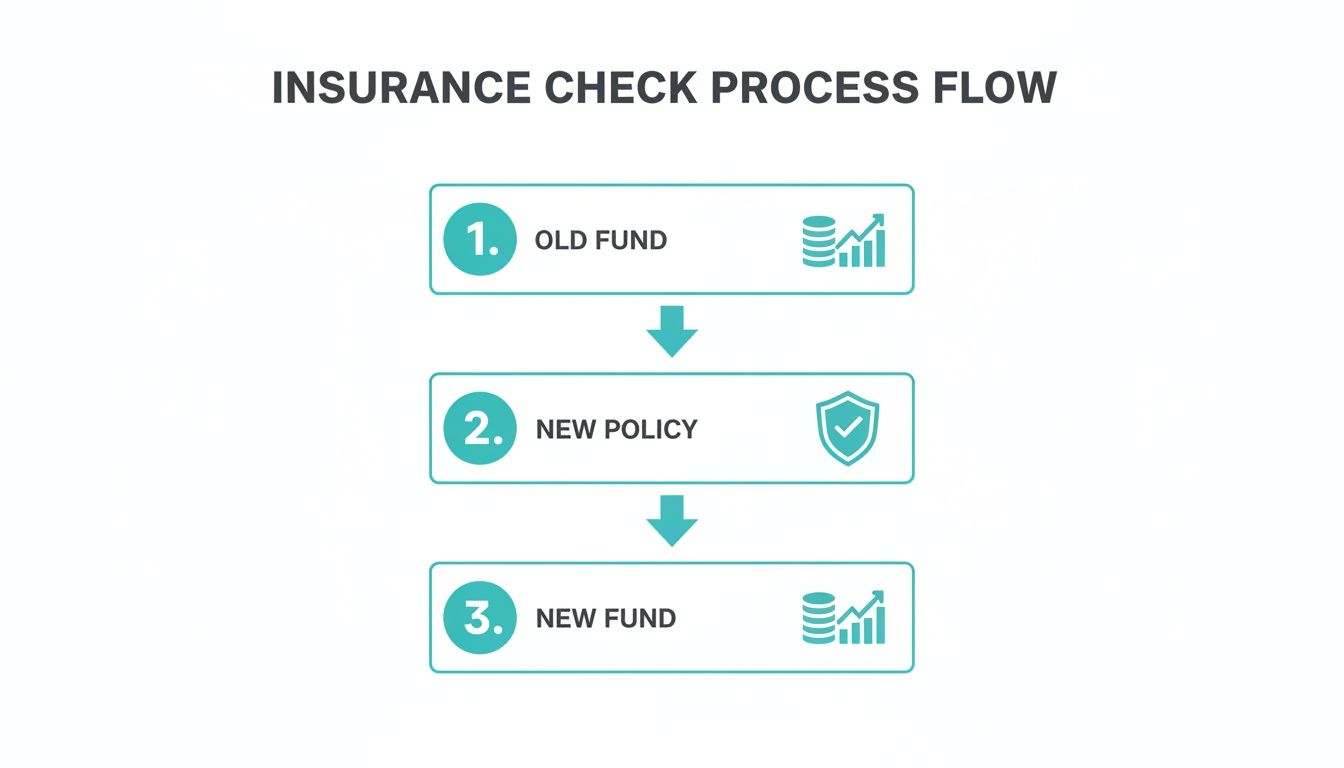 A three-step insurance check process flow diagram from old fund to new fund via a new policy.