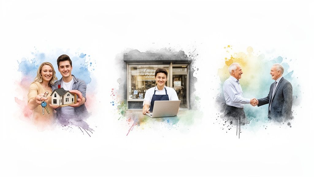 Three watercolor scenes: a couple with a house, a small business owner, and two men shaking hands.