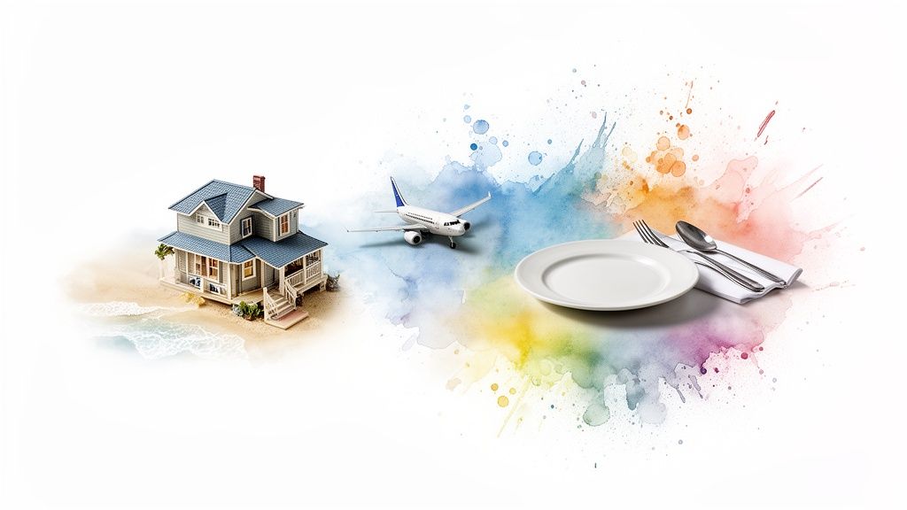 A miniature beach house, an airplane, and a dining setting on a colorful watercolor background.