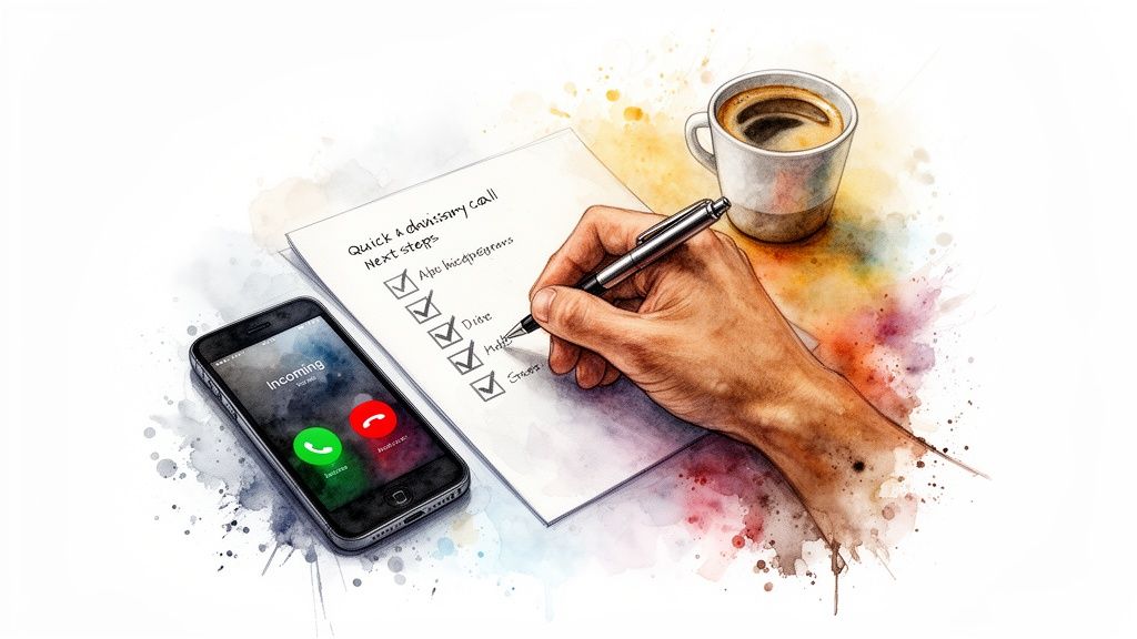 A hand writes on a checklist with a pen, a phone shows an incoming call, and a coffee cup sits nearby.