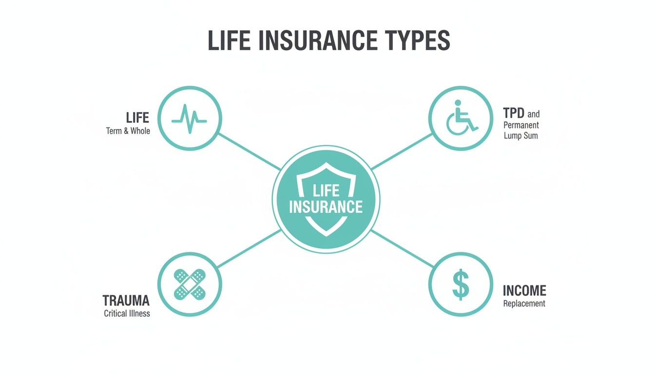 Diagram illustrating various life insurance types including Term & Whole, TPD, Trauma, and Income Replacement.