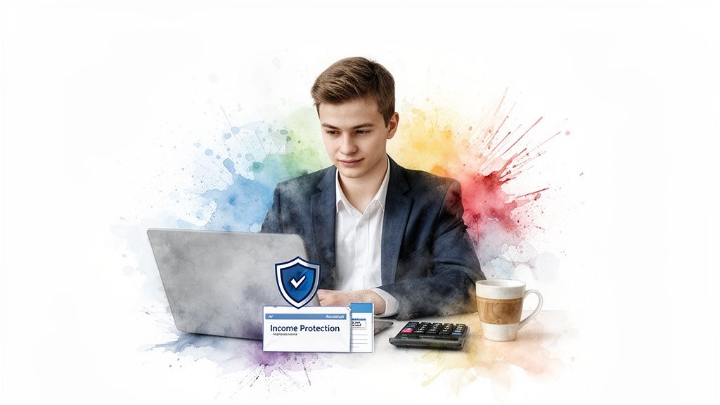 Young man focused on his laptop, reviewing 'Income Protection' documents with a calculator and coffee.