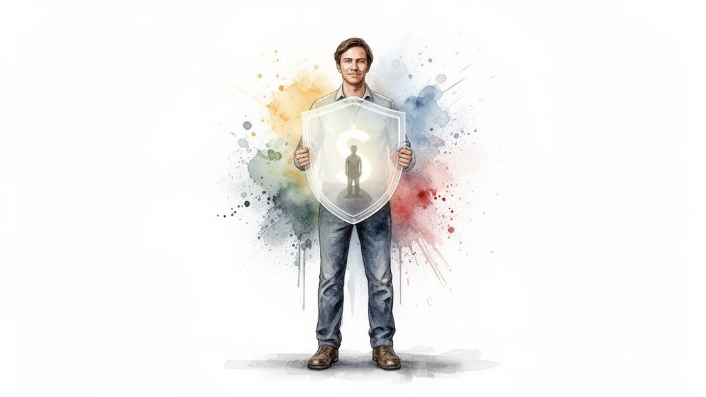 A man holds a clear shield with a dollar sign and human silhouette, symbolizing financial and personal protection.
