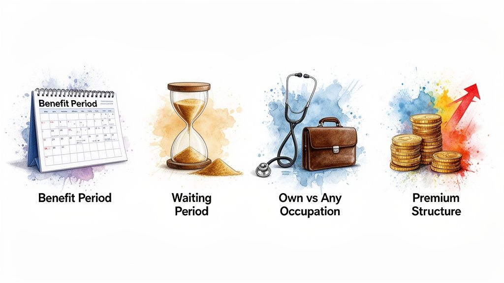 Illustrations depicting calendar for benefit period, hourglass for waiting period, stethoscope and briefcase for occupation definitions, and coins for premium structure.