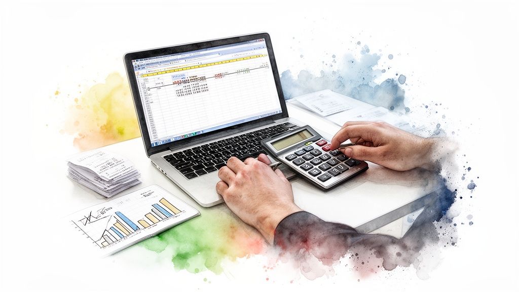 Hands calculating finances with a laptop and calculator, alongside receipts and charts.