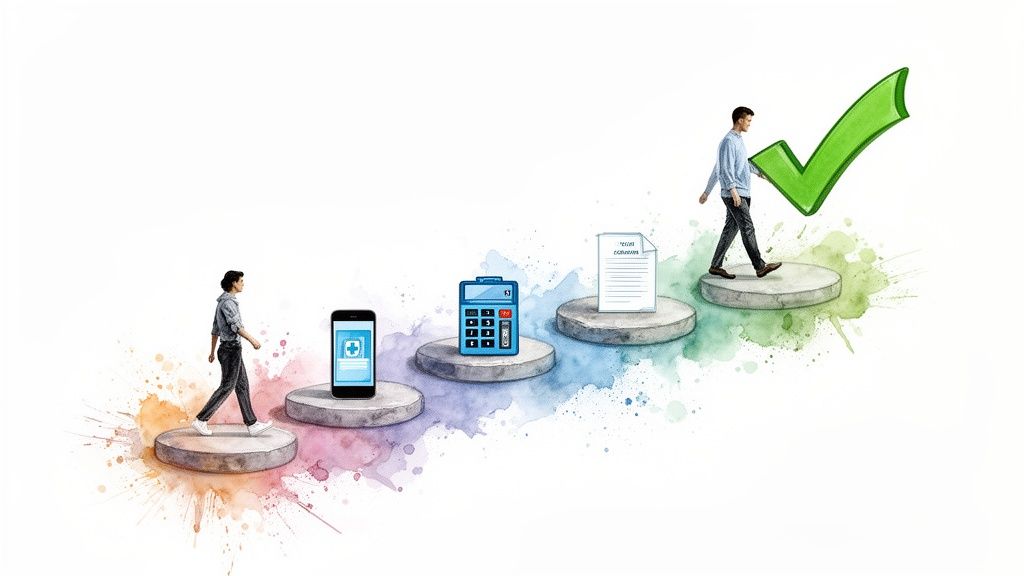 Men progress through steps, passing icons of a phone, calculator, and document, towards a checkmark.