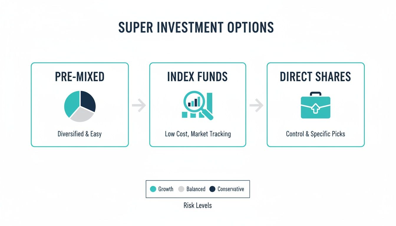 Infographic displaying superannuation investment choices, including pre-mixed, index funds, and direct shares with risk levels.