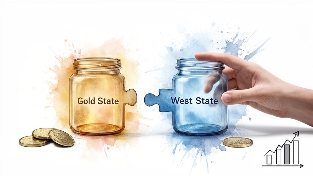Two puzzle-piece jars, "Gold State" and "West State", connect with coins and a growth graph.